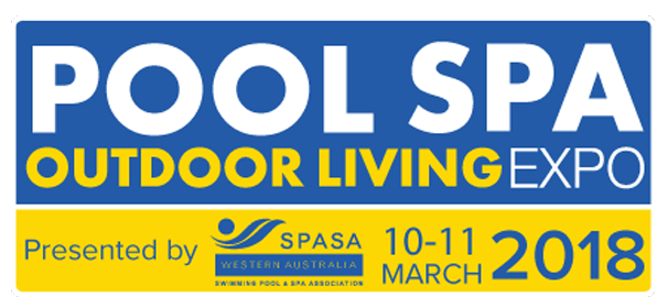 pool spa outdoor living expo in blue and yellow logo